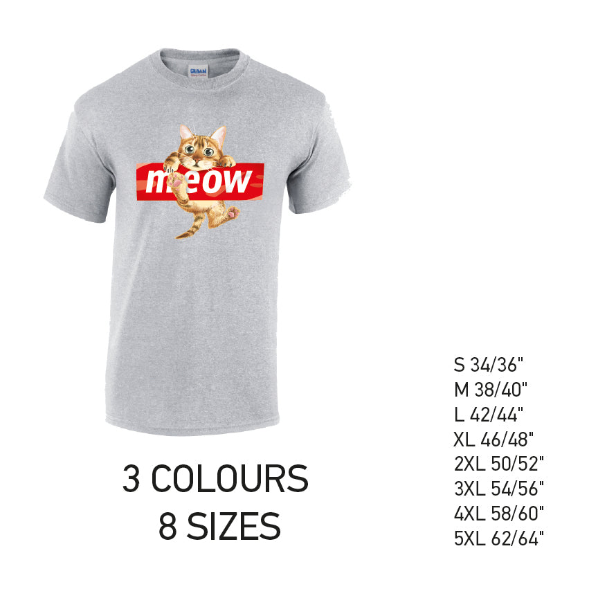 MT10 Meow Cat Mens Cotton T-Shirt 8 sizes 3 Colours Available Latex printed