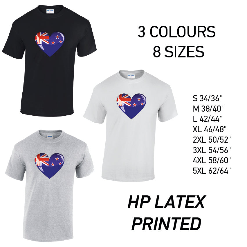 MT11 Newzeland Heart Mens Cotton T-Shirt 8 sizes 3 Colours Available Latex printed