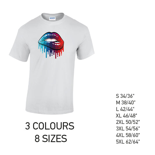 MT15 Blue and Red Lips Mens Cotton T-Shirt 8 sizes 3 Colours Available Latex printed