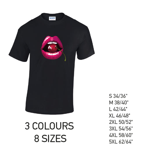 MT16 Cherry Lips Mens Cotton T-Shirt 8 sizes 3 Colours Available Latex printed