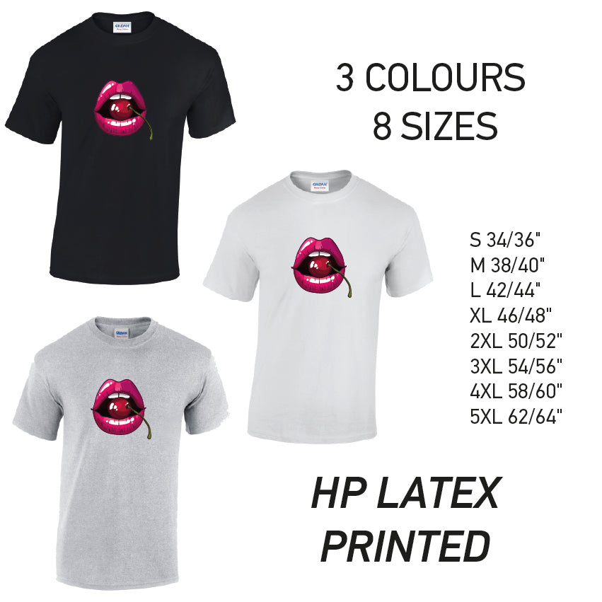 MT16 Cherry Lips Mens Cotton T-Shirt 8 sizes 3 Colours Available Latex printed