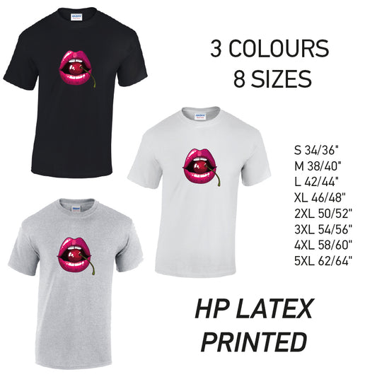 MT16 Cherry Lips Mens Cotton T-Shirt 8 sizes 3 Colours Available Latex printed