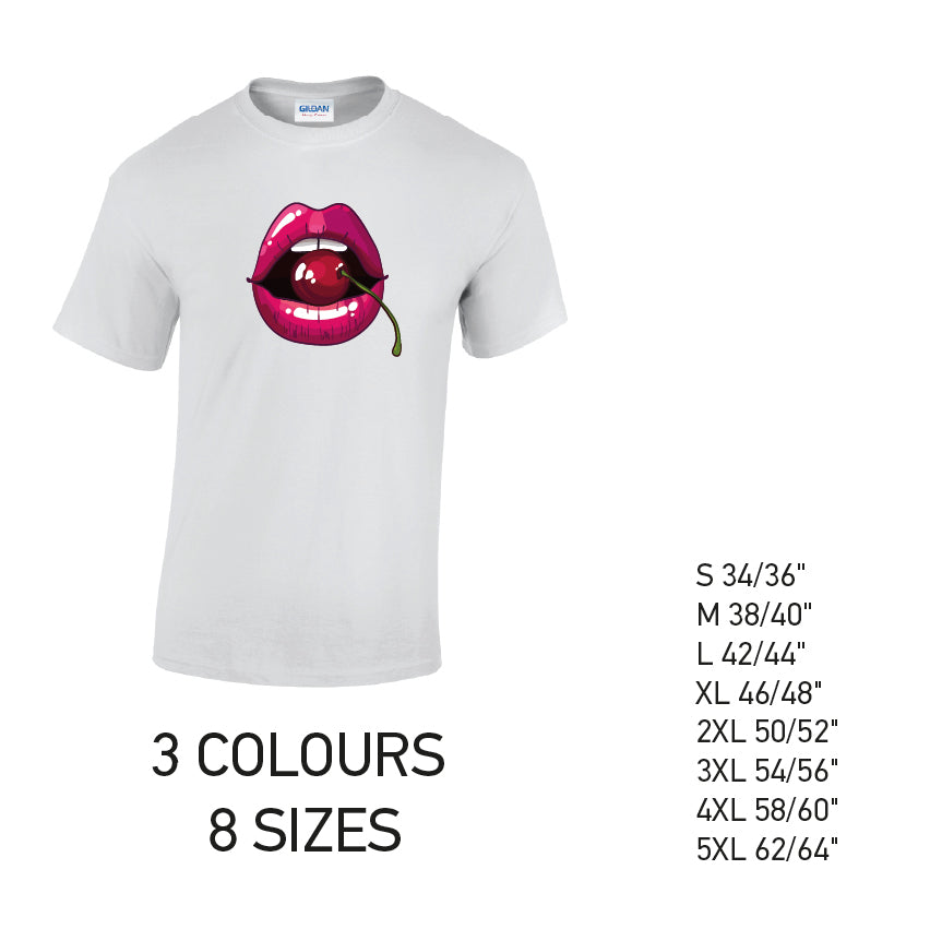 MT16 Cherry Lips Mens Cotton T-Shirt 8 sizes 3 Colours Available Latex printed