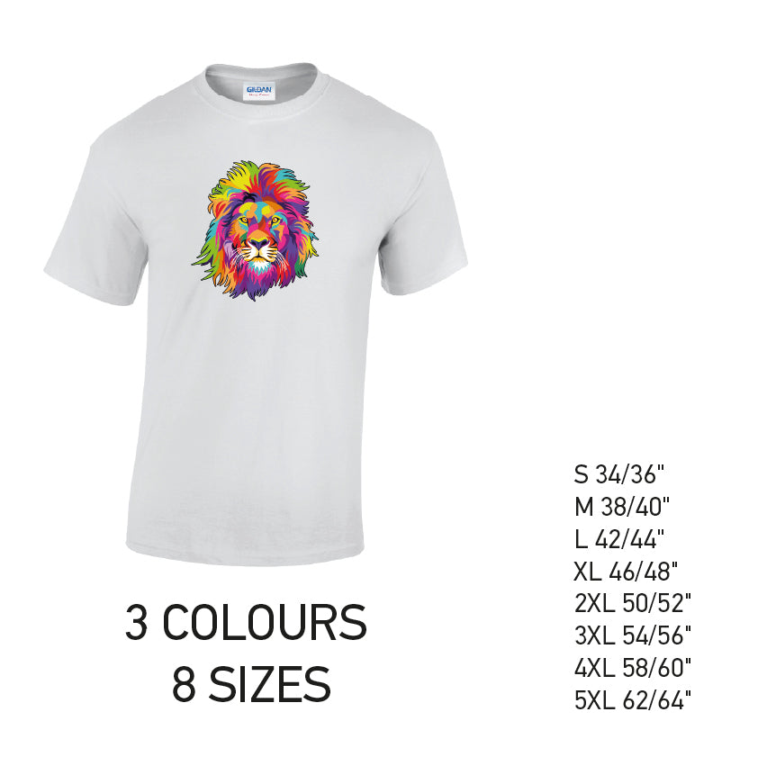 MT18 Lion Animal Mens Cotton T-Shirt 8 sizes 3 Colours Available Latex printed