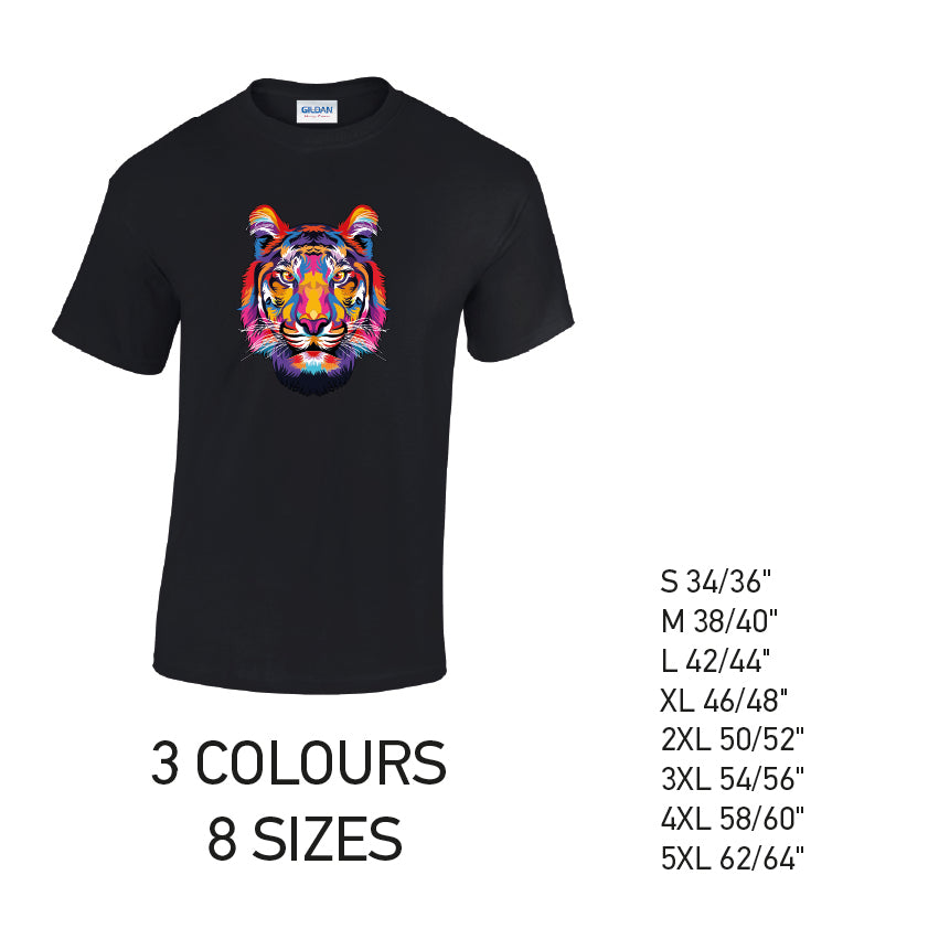 MT19 Tiger Animal Mens Cotton T-Shirt 8 sizes 3 Colours Available Latex printed