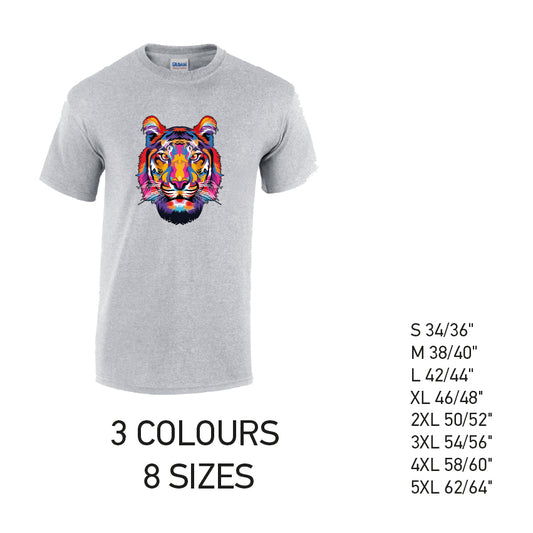 MT19 Tiger Animal Mens Cotton T-Shirt 8 sizes 3 Colours Available Latex printed