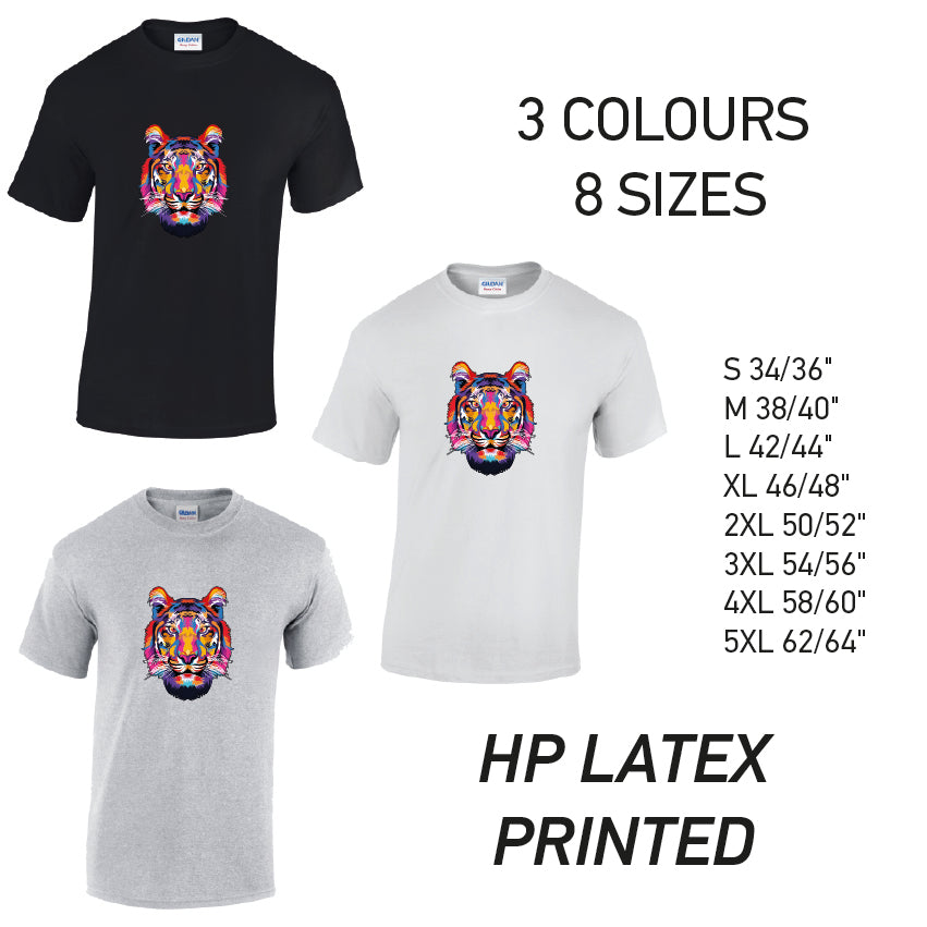 MT19 Tiger Animal Mens Cotton T-Shirt 8 sizes 3 Colours Available Latex printed