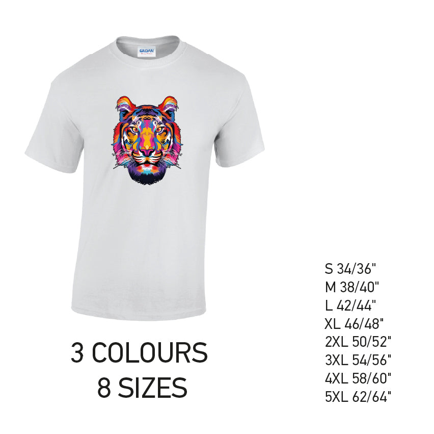 MT19 Tiger Animal Mens Cotton T-Shirt 8 sizes 3 Colours Available Latex printed