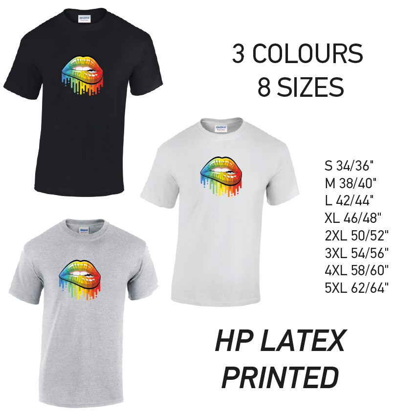 MT21 Rainbow Lips Mens Cotton T-Shirt 8 sizes 3 Colours Available Latex printed