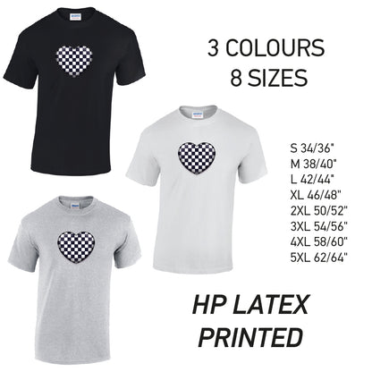 MT23 Black Chequered Heart Mens Cotton T-Shirt 8 sizes 3 Colours Available Latex printed