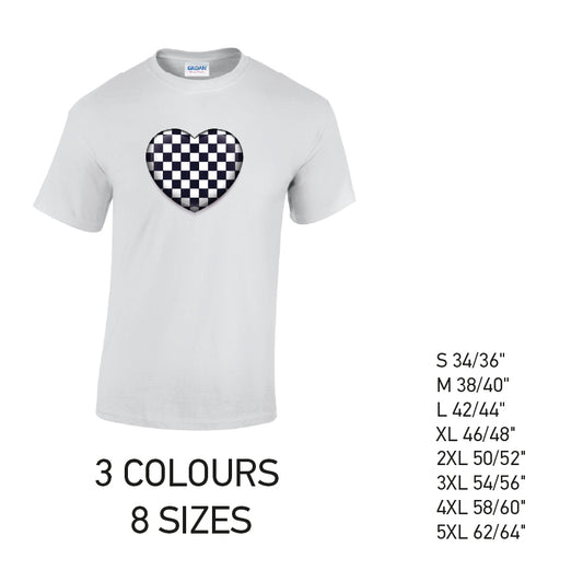 MT23 Black Chequered Heart Mens Cotton T-Shirt 8 sizes 3 Colours Available Latex printed