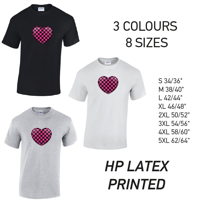 MT25 Pink Chequered Heart Mens Cotton T-Shirt 8 sizes 3 Colours Available Latex printed