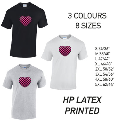 MT25 Pink Chequered Heart Mens Cotton T-Shirt 8 sizes 3 Colours Available Latex printed