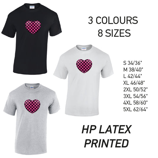 MT25 Pink Chequered Heart Mens Cotton T-Shirt 8 sizes 3 Colours Available Latex printed