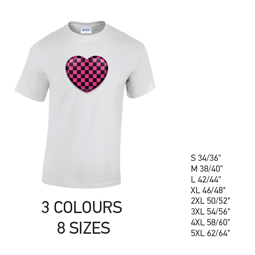 MT25 Pink Chequered Heart Mens Cotton T-Shirt 8 sizes 3 Colours Available Latex printed