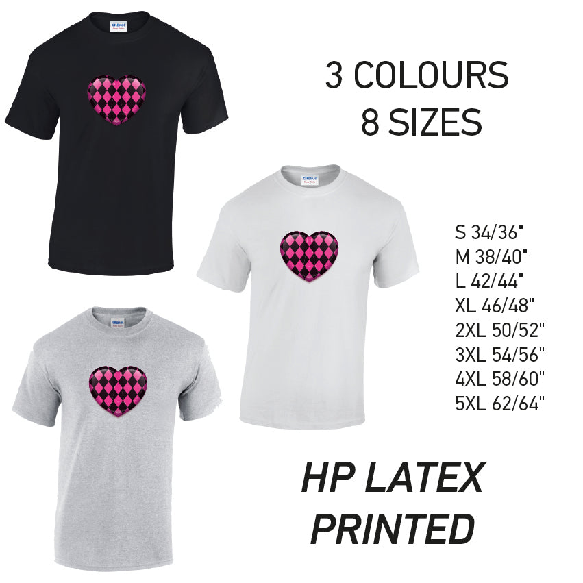 MT26 Pink Harley Quinn Heart Mens Cotton T-Shirt 8 sizes 3 Colours Available Latex printed