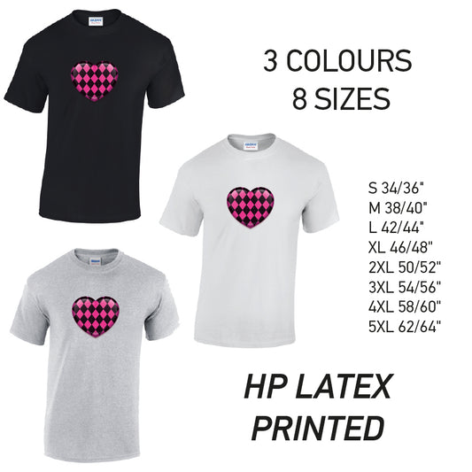MT26 Pink Harley Quinn Heart Mens Cotton T-Shirt 8 sizes 3 Colours Available Latex printed