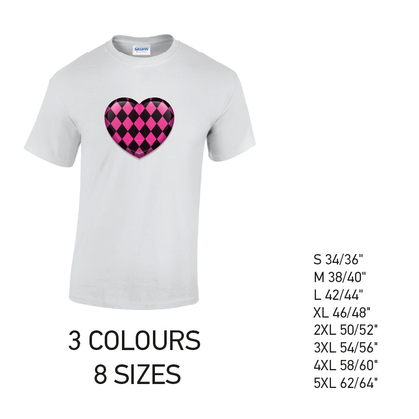 MT26 Pink Harley Quinn Heart Mens Cotton T-Shirt 8 sizes 3 Colours Available Latex printed