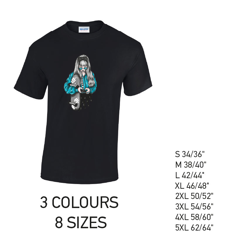 MT31 Blue Skater Girl Mens Cotton T-Shirt 8 sizes 3 Colours Available Latex printed