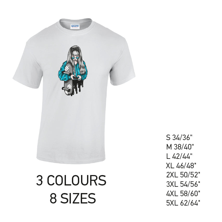MT31 Blue Skater Girl Mens Cotton T-Shirt 8 sizes 3 Colours Available Latex printed