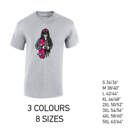 MT37 Pink Skater Girl Mens Cotton T-Shirt 8 sizes 3 Colours Available Latex printed