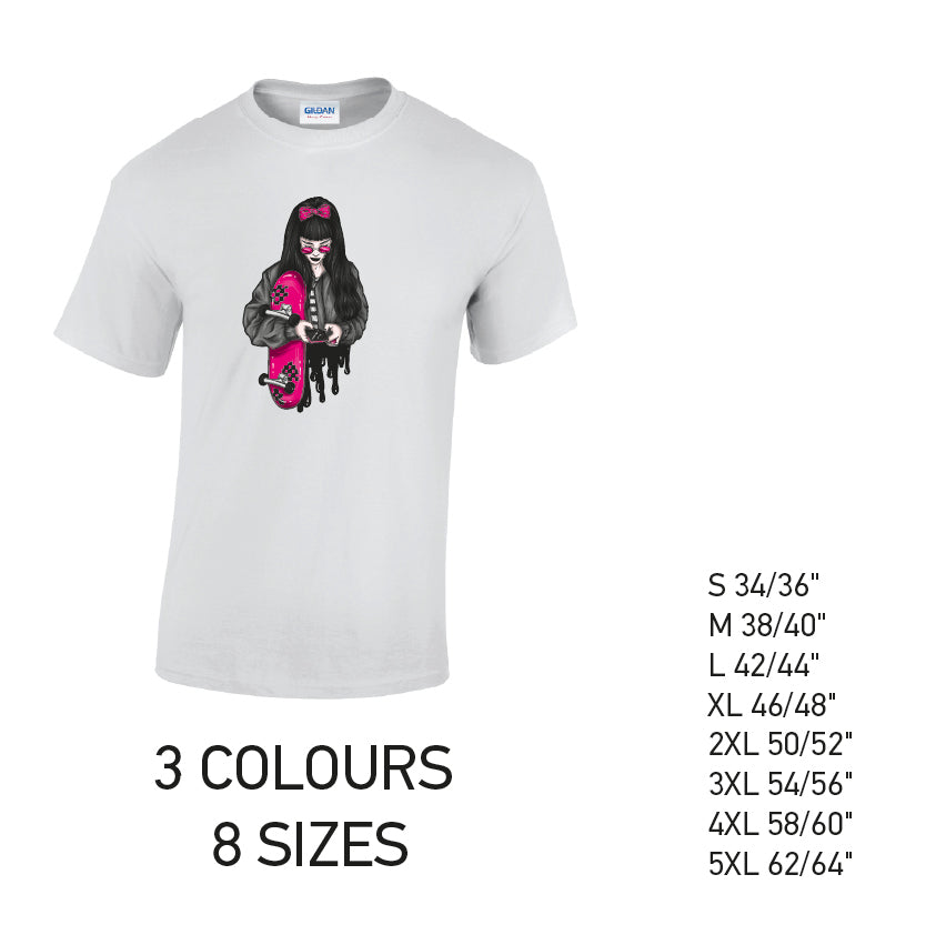MT37 Pink Skater Girl Mens Cotton T-Shirt 8 sizes 3 Colours Available Latex printed