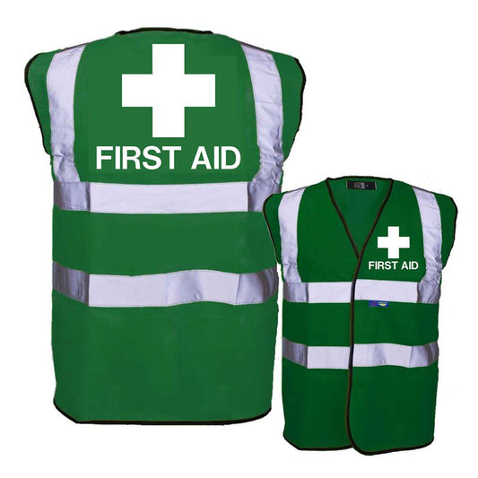 NEO00955 First Aid Printed Green Hi Viz Safety Vest - High Vis Waistcoat Paramedic Medic