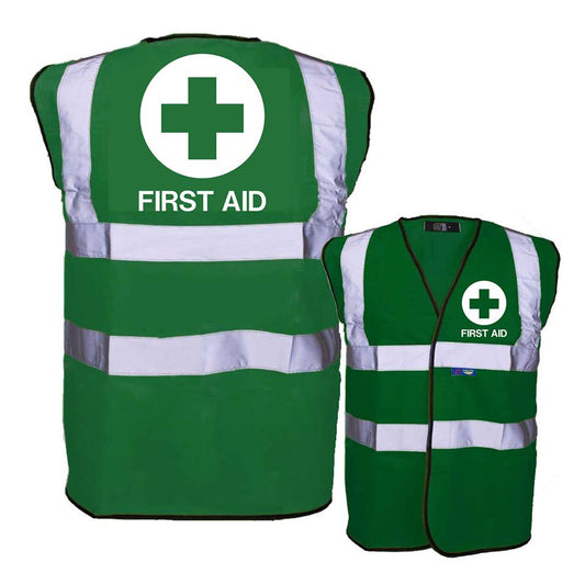NEO00956 First Aid Printed Green Hi Viz Safety Vest - High Vis Waistcoat Paramedic Medic