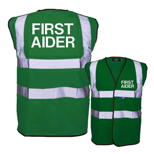 NEO00957 First Aider Printed Green HiViz Safety Vest - High Vis Waistcoat Paramedic Medic