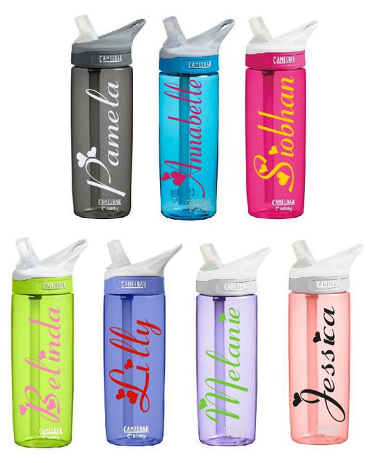 NEO01205 Personalised Name Stickers for Drinks Bottle x 2 - Heart Girlie Style H20 Water