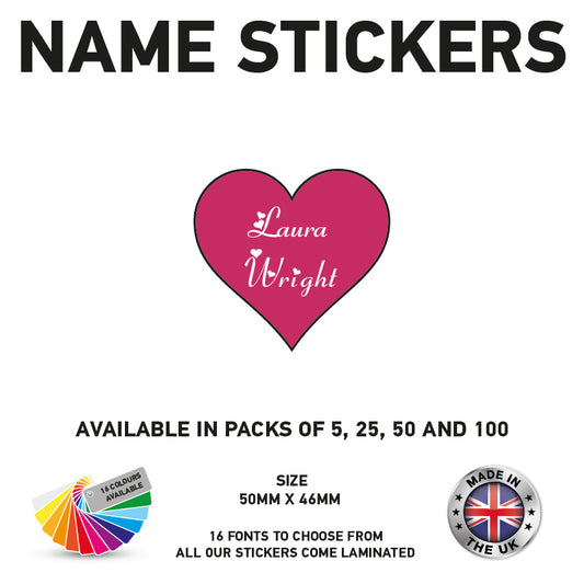 NS04 Name Sticker 50mm x 46mm Personalised Heart Label kid Name School Tag Vinyl