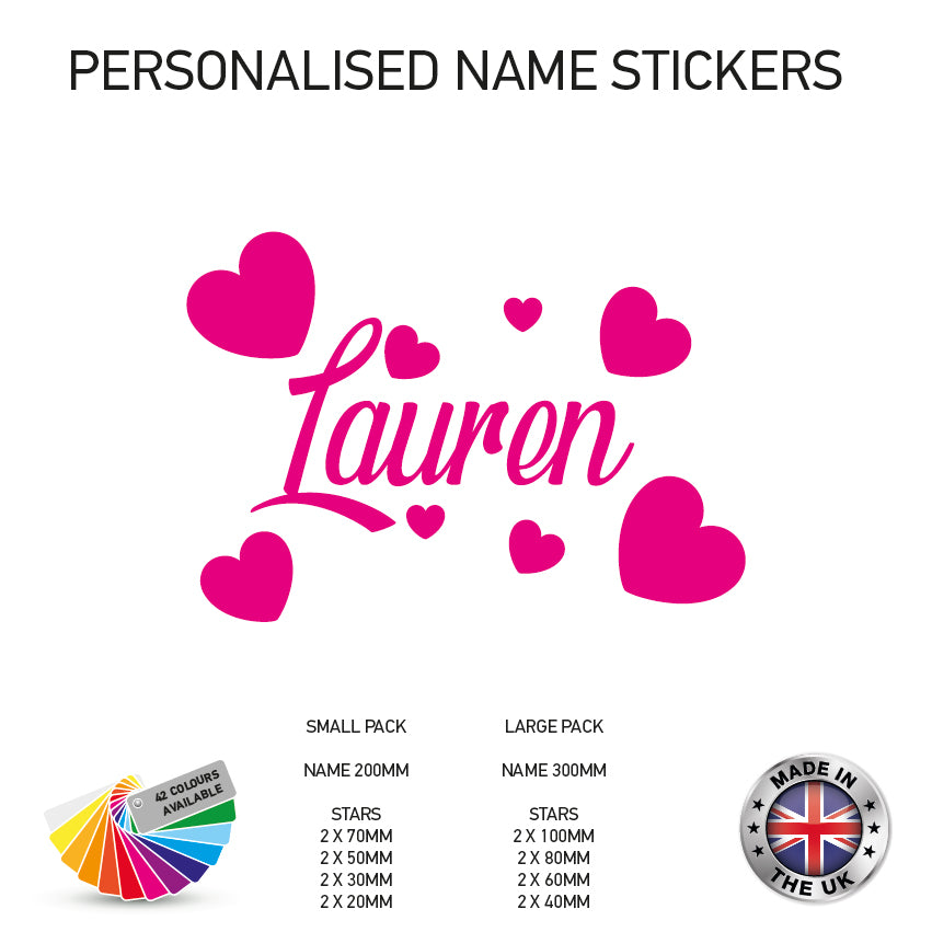 NS09 Personalised Name Hearts Wall Stickers Boys Girls Kids Bedroom Vinyl