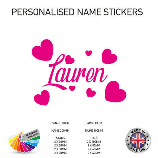 NS09 Personalised Name Hearts Wall Stickers Boys Girls Kids Bedroom Vinyl